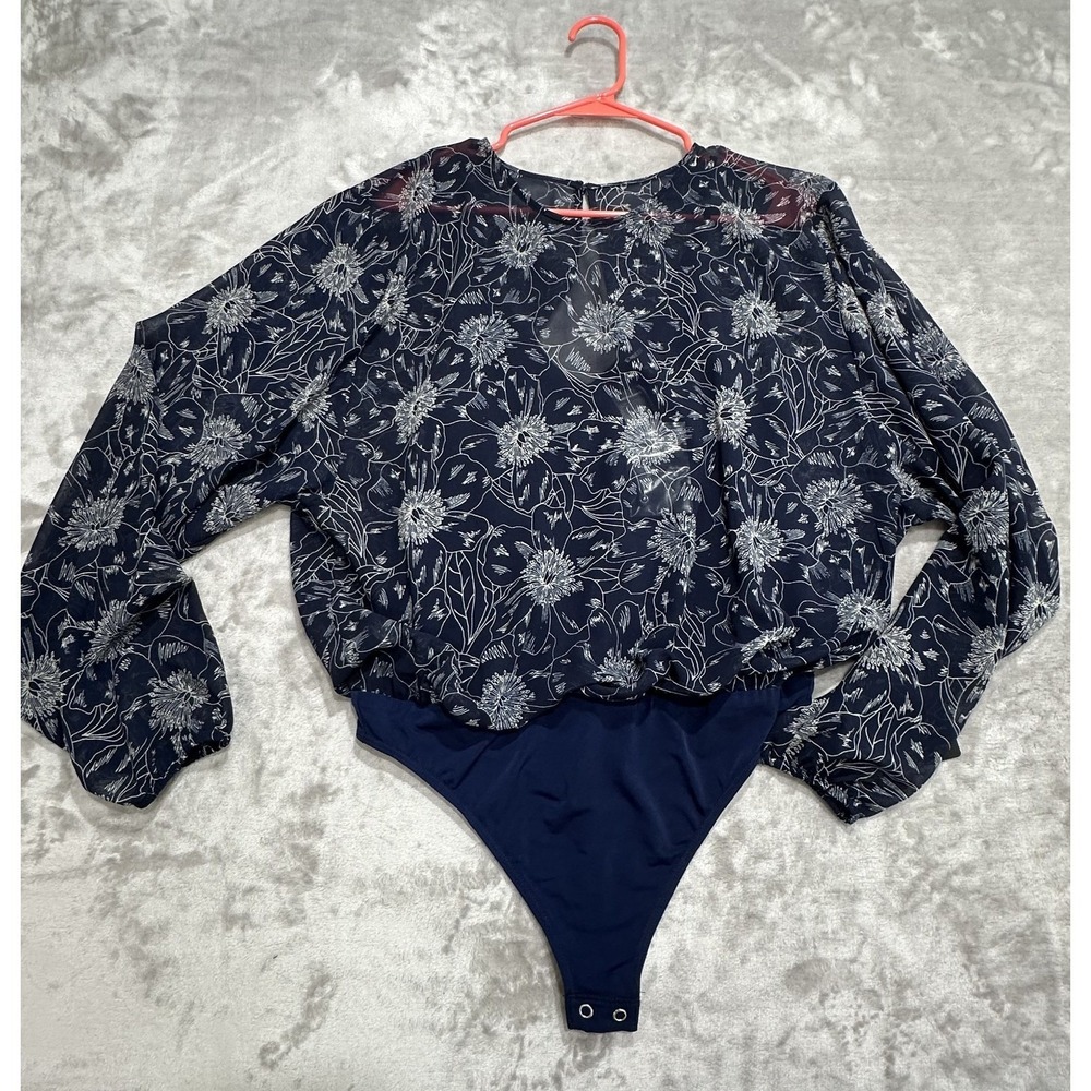 Express Bodysuit Top Women's Size Medium Blue Sheer Floral Long Sleeve NWT